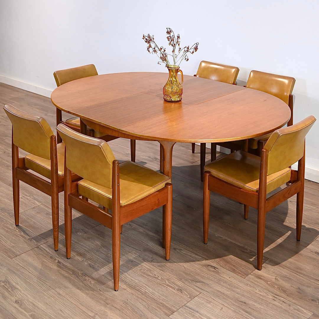 6 x Mid Century Teak Mustard Vinyl Dining Chairs by Chiswell