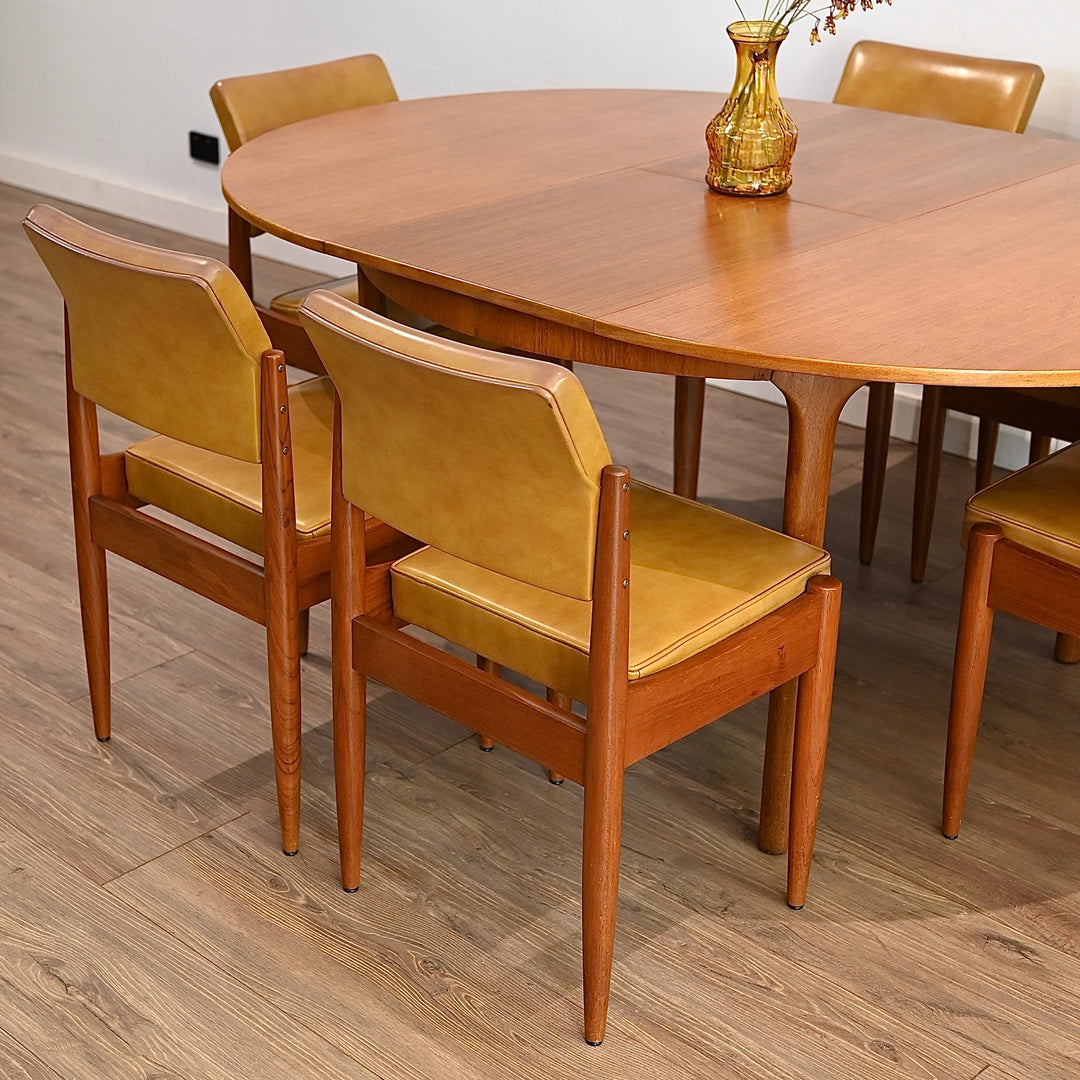 6 x Mid Century Teak Mustard Vinyl Dining Chairs by Chiswell