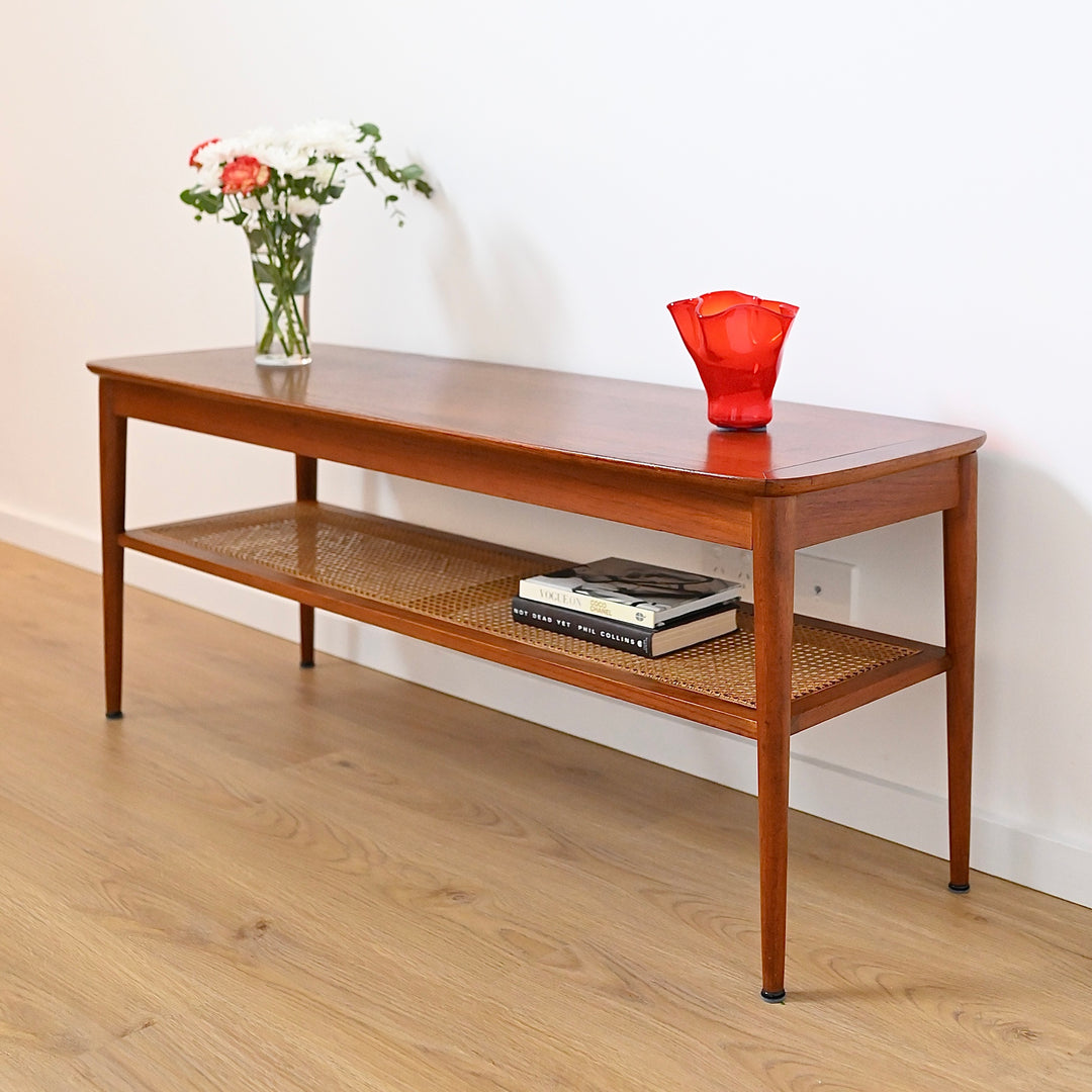 Mid Century Teak Large Coffee Table with Rattan Shelf