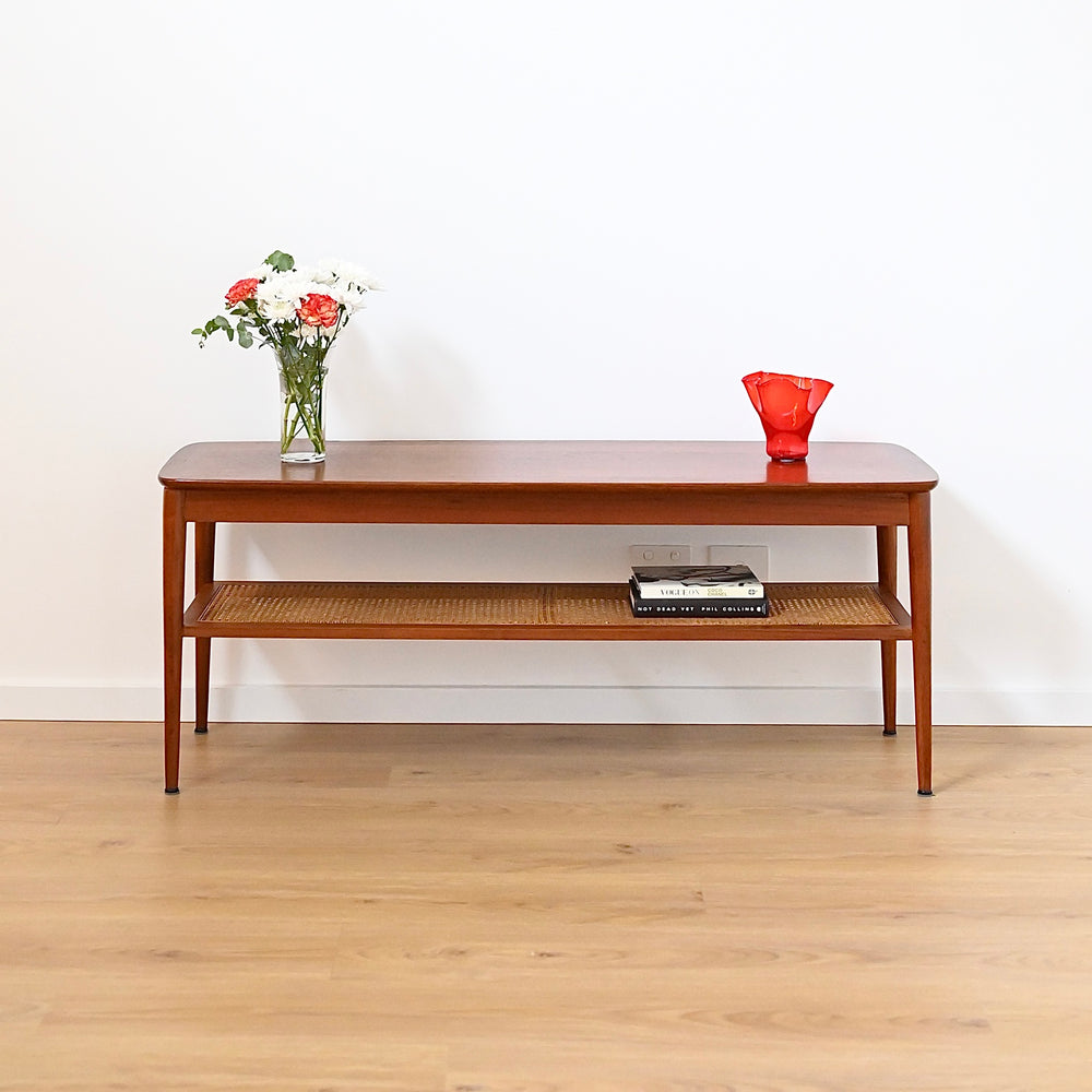 Mid Century Teak Large Coffee Table with Rattan Shelf