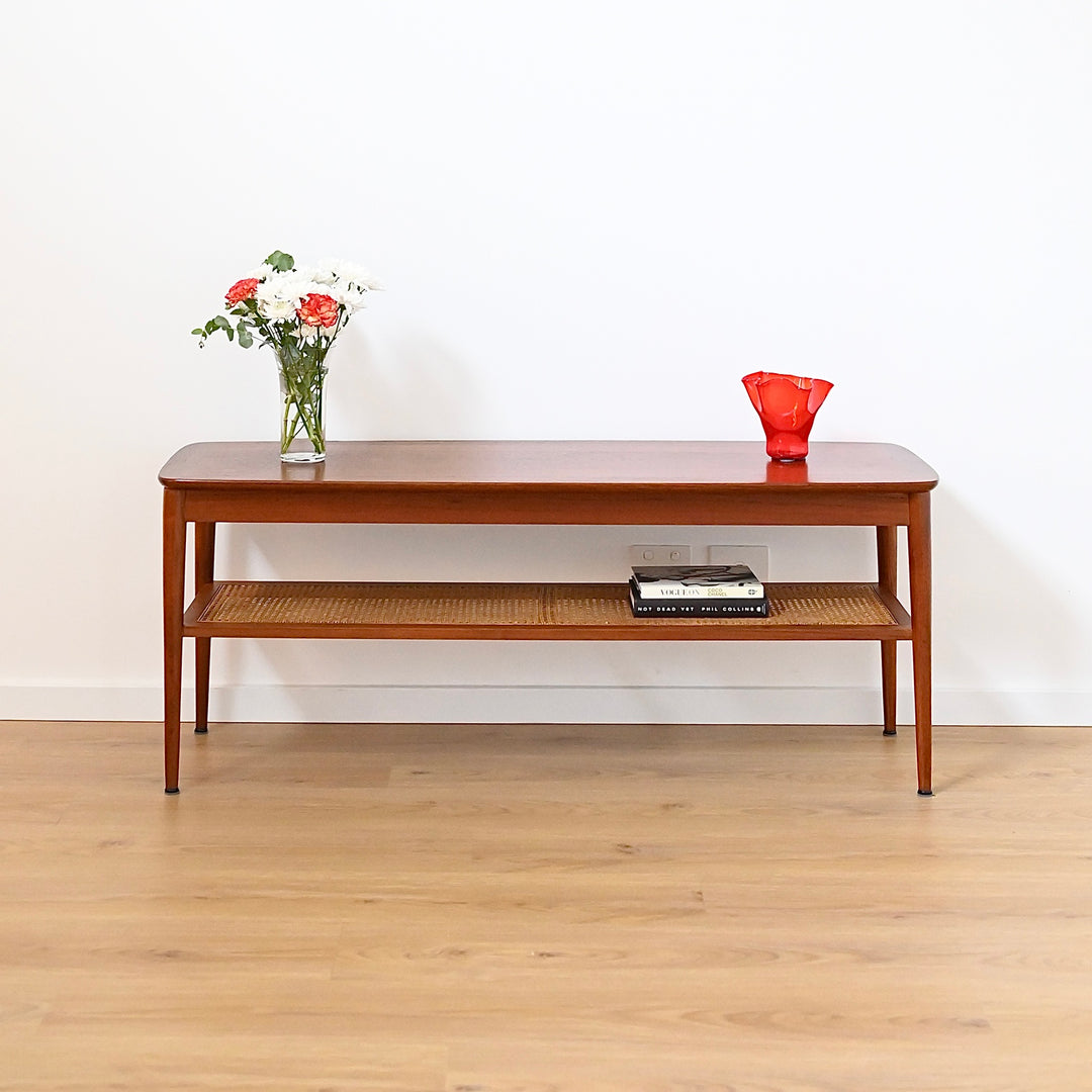 Mid Century Teak Large Coffee Table with Rattan Shelf