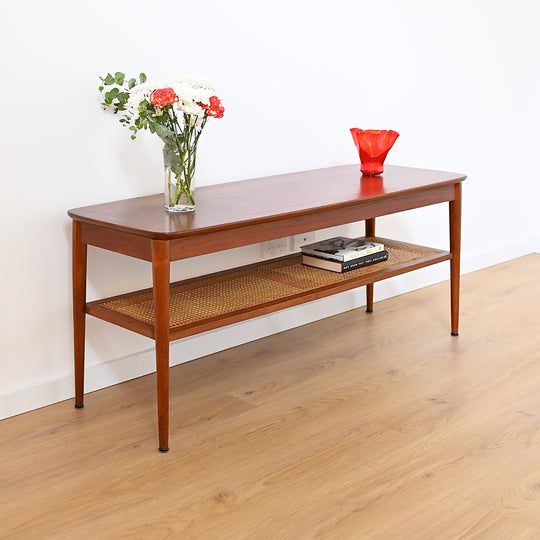 Mid Century Teak Large Coffee Table with Rattan Shelf