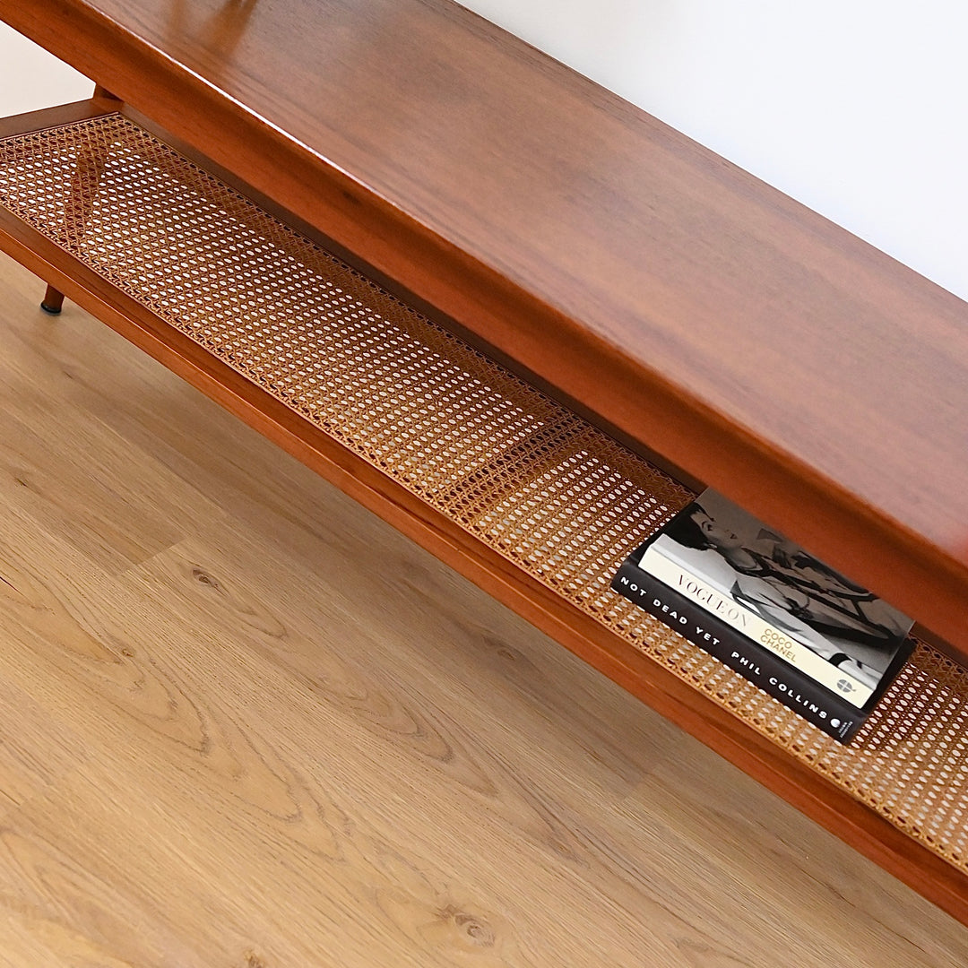 Mid Century Teak Large Coffee Table with Rattan Shelf