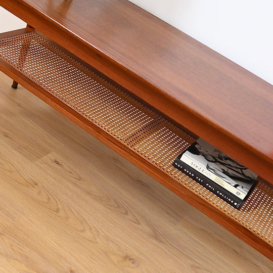 Mid Century Teak Large Coffee Table with Rattan Shelf