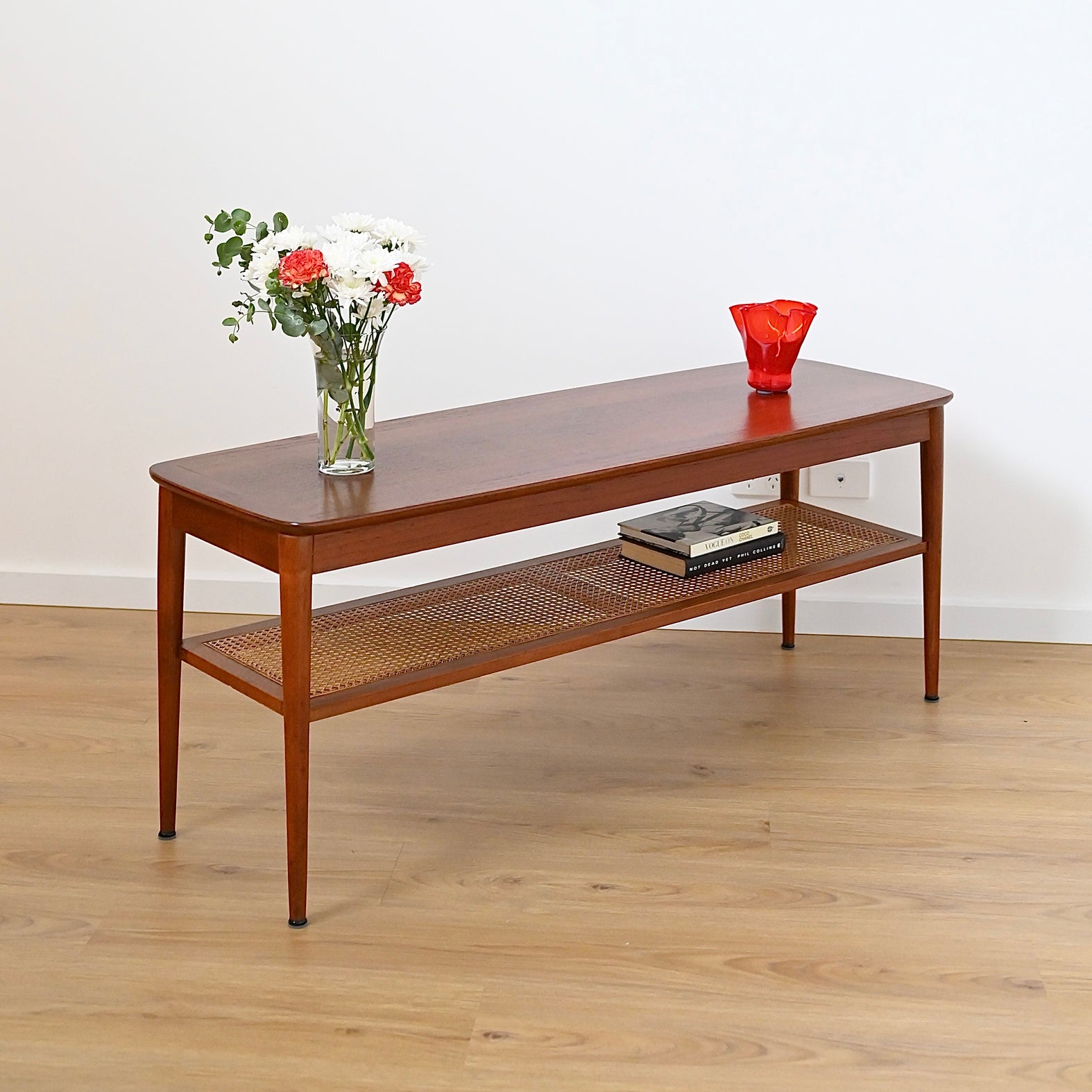 Mid Century Teak Large Coffee Table with Rattan Shelf