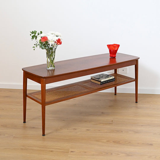Mid Century Teak Large Coffee Table with Rattan Shelf