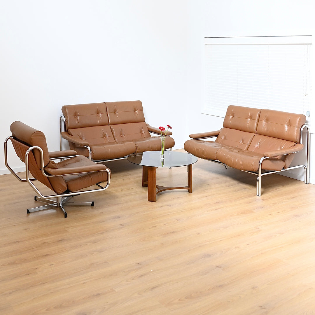 1970s Sling Back Leather and Chrome Lounge suite by John Bertil Häggström