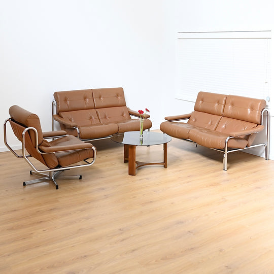 1970s Sling Back Leather and Chrome Lounge suite by John Bertil Häggström