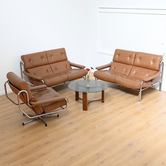1970s Sling Back Leather and Chrome Lounge suite by John Bertil Häggström