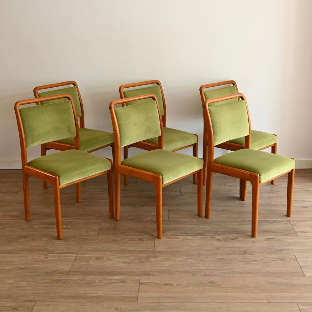 6x Mid Century Teak Green Velvet Dining Chairs by Noblett