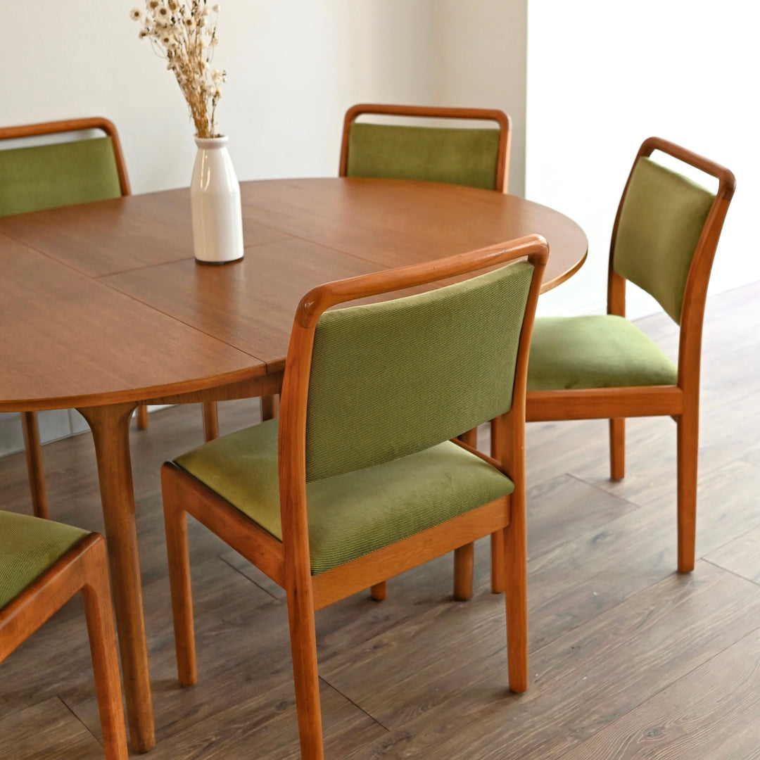 6x Mid Century Teak Green Velvet Dining Chairs by Noblett