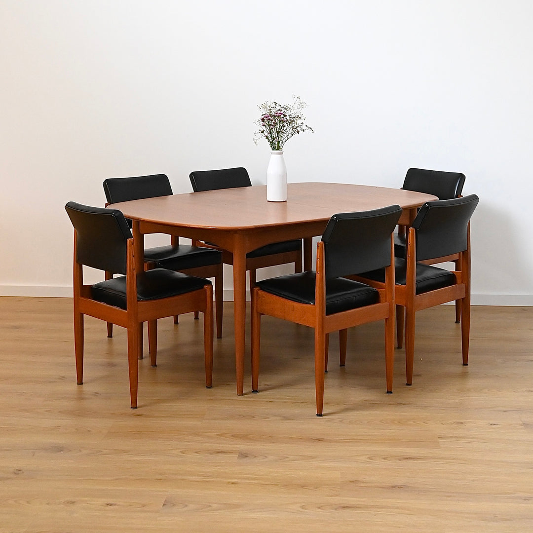 8x Mid Century Teak Black Vinyl Dining Chairs by Chiswell