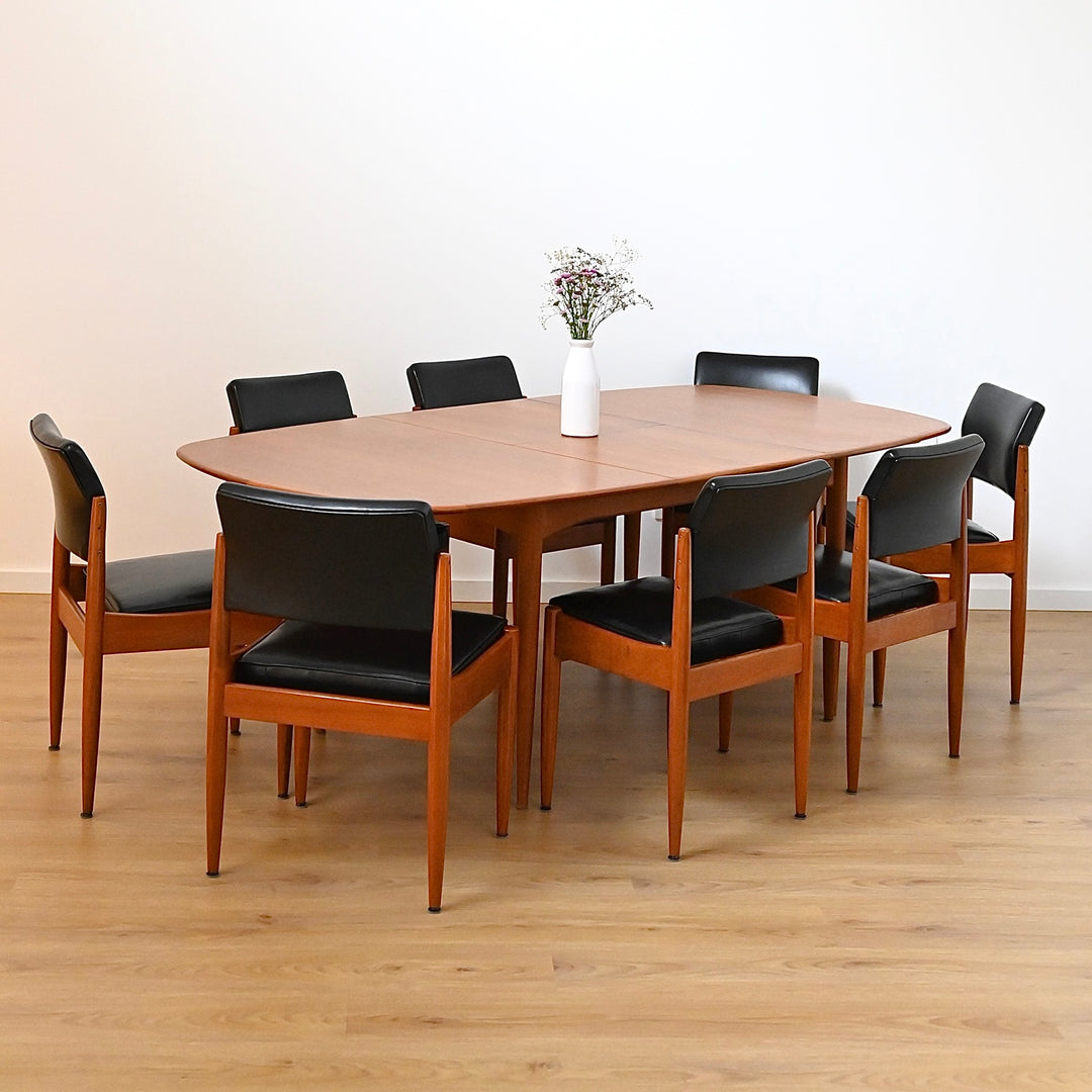 8x Mid Century Teak Black Vinyl Dining Chairs by Chiswell