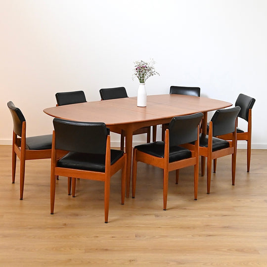 8x Mid Century Teak Black Vinyl Dining Chairs by Chiswell