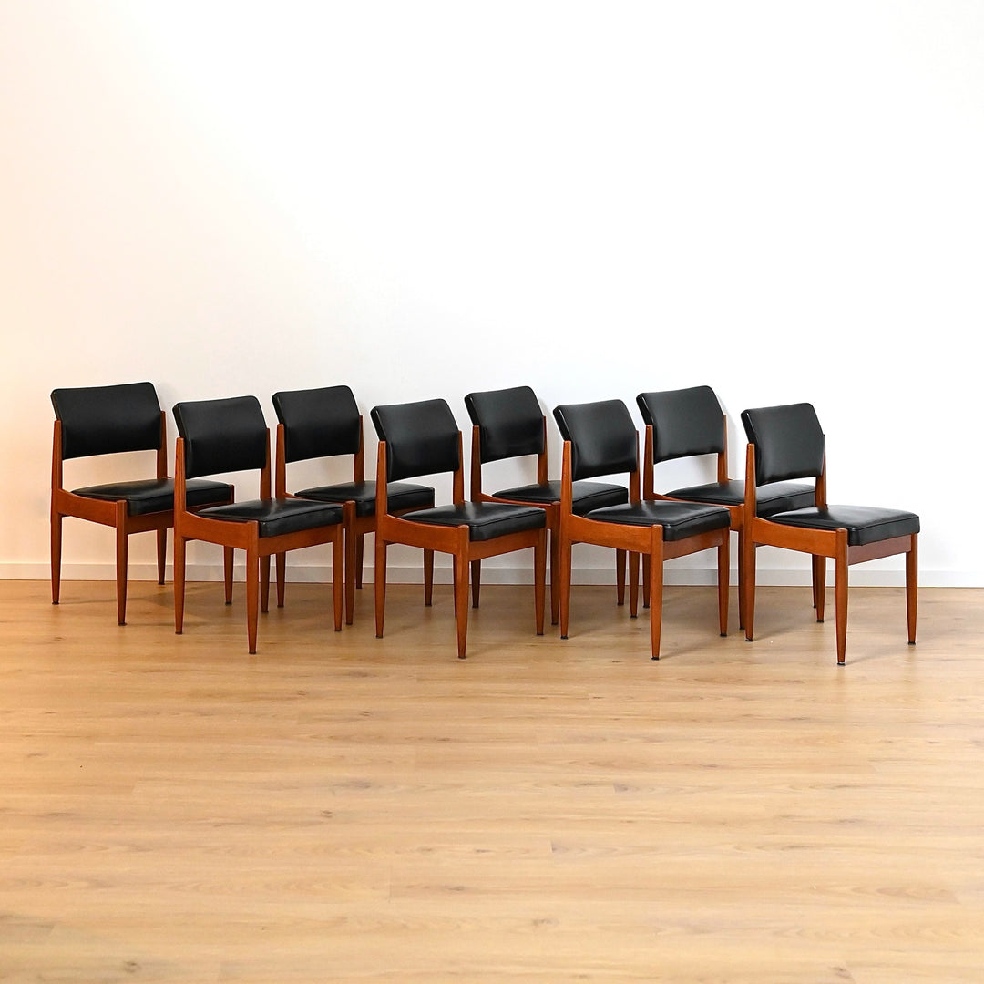 8x Mid Century Teak Black Vinyl Dining Chairs by Chiswell