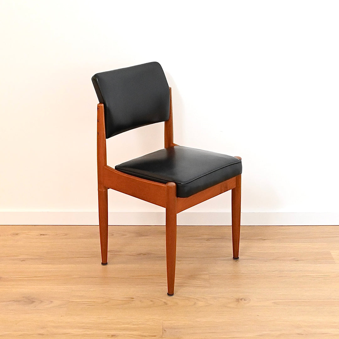 8x Mid Century Teak Black Vinyl Dining Chairs by Chiswell