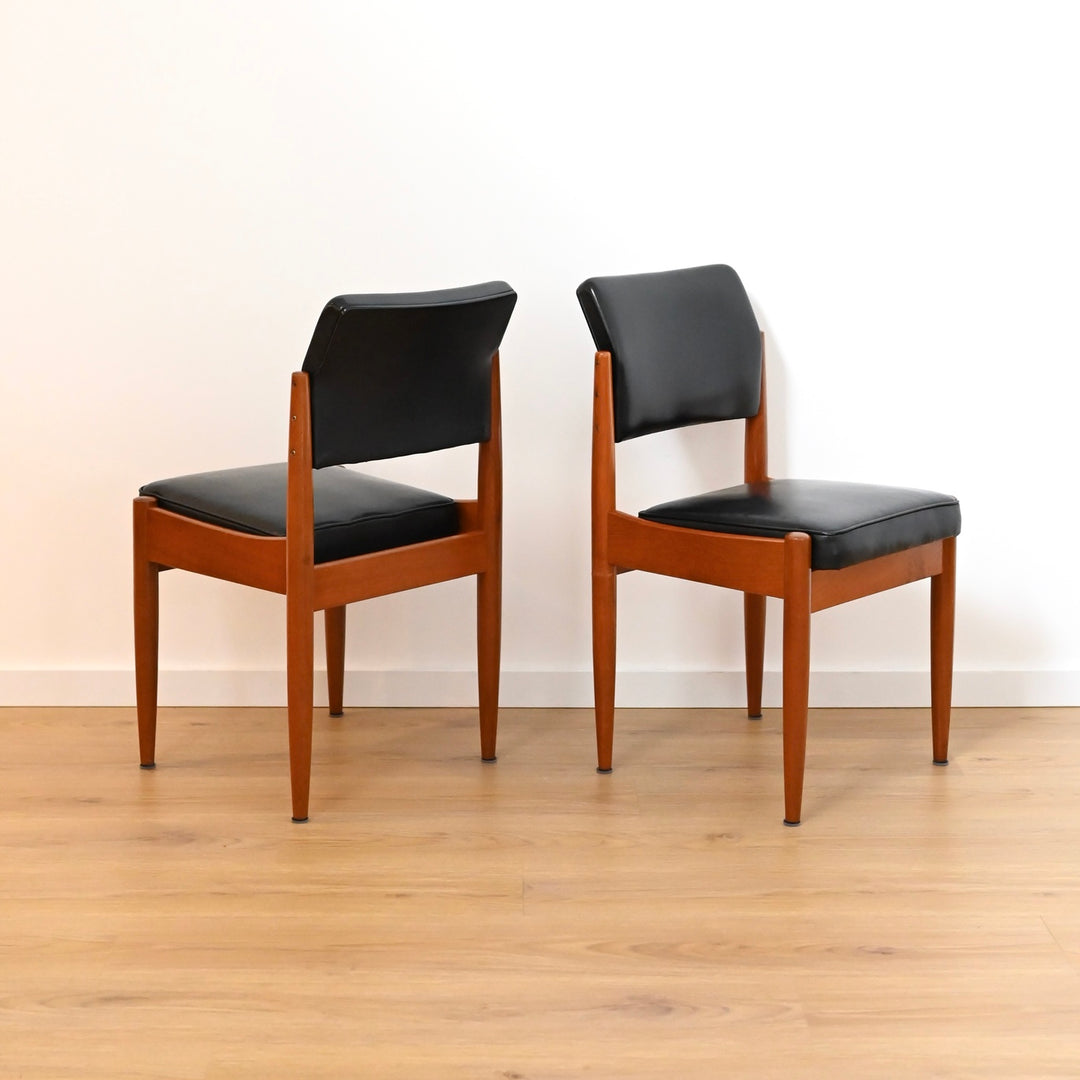 8x Mid Century Teak Black Vinyl Dining Chairs by Chiswell