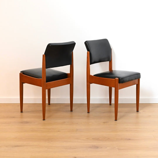 8x Mid Century Teak Black Vinyl Dining Chairs by Chiswell