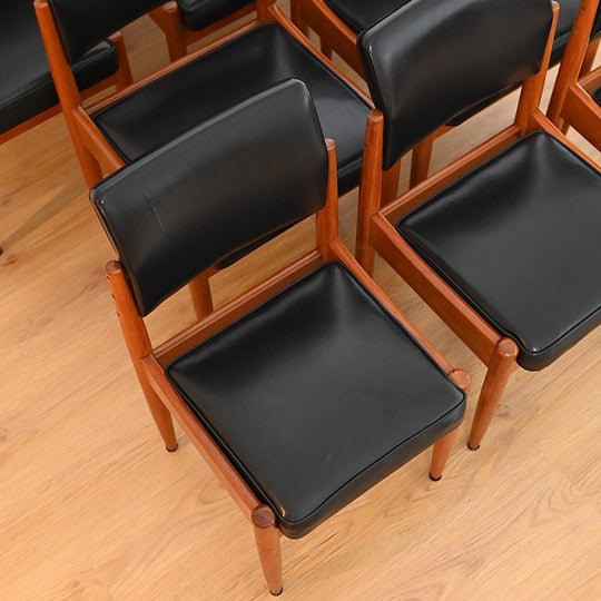 8x Mid Century Teak Black Vinyl Dining Chairs by Chiswell