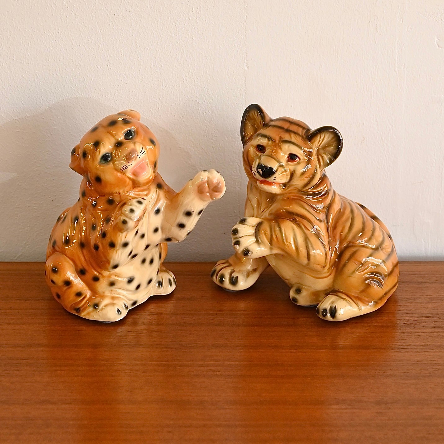 Mid Century Retro Ceramic Plaster Tiger and Cheetah Cub Statues