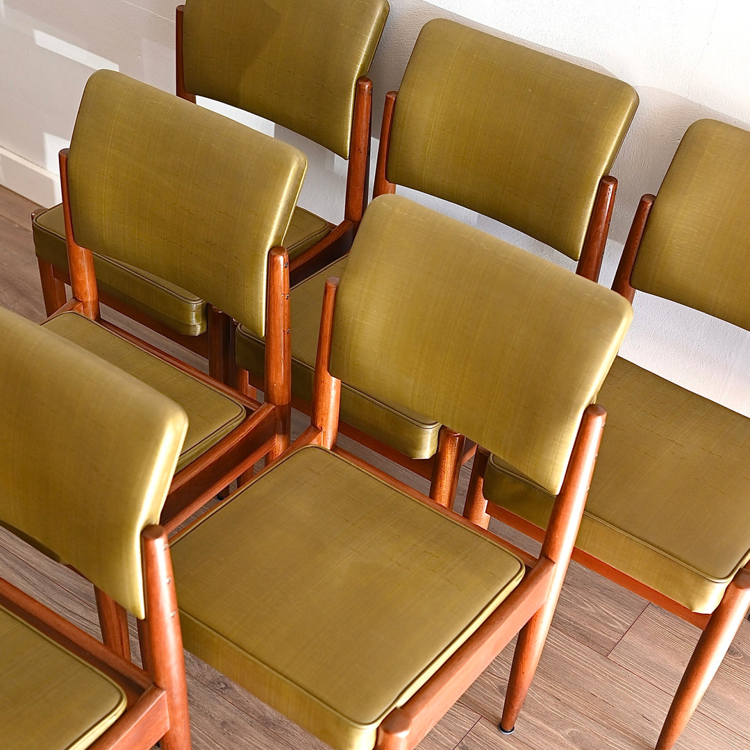6x Mid Century Teak Green Vinyl Dining Chairs by Chiswell