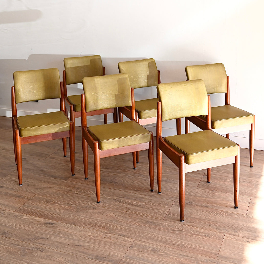 6x Mid Century Teak Green Vinyl Dining Chairs by Chiswell