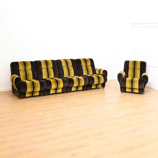 Vintage Velvet Retro Striped 4 piece Modular Sofa with Armchair