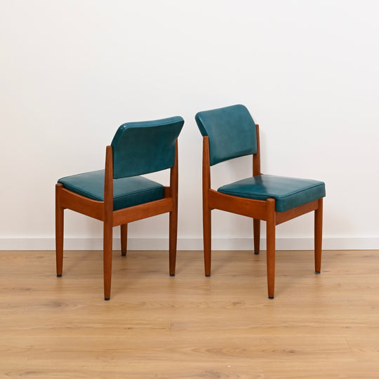 8x Mid Century Teak Teal Vinyl Dining Chairs by Chiswell