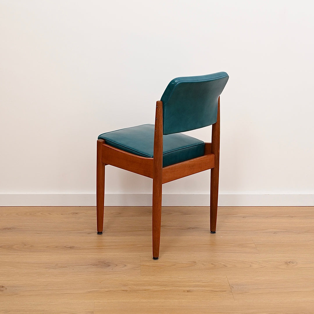 8x Mid Century Teak Teal Vinyl Dining Chairs by Chiswell