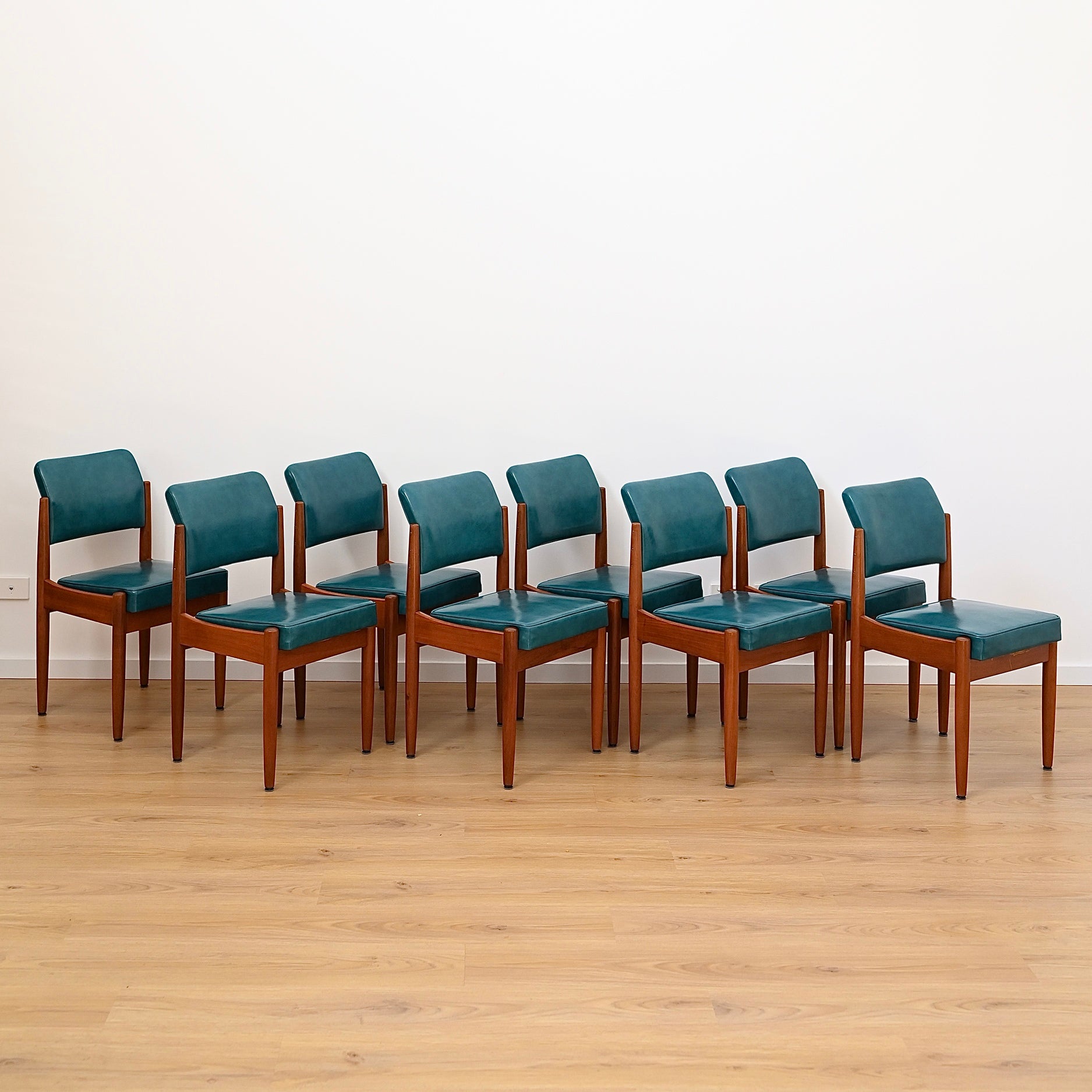 8x Mid Century Teak Teal Vinyl Dining Chairs by Chiswell