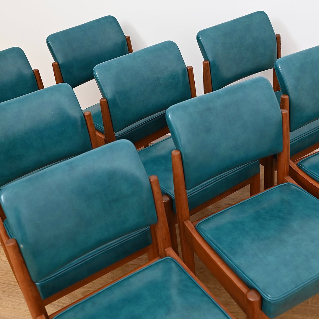 8x Mid Century Teak Teal Vinyl Dining Chairs by Chiswell