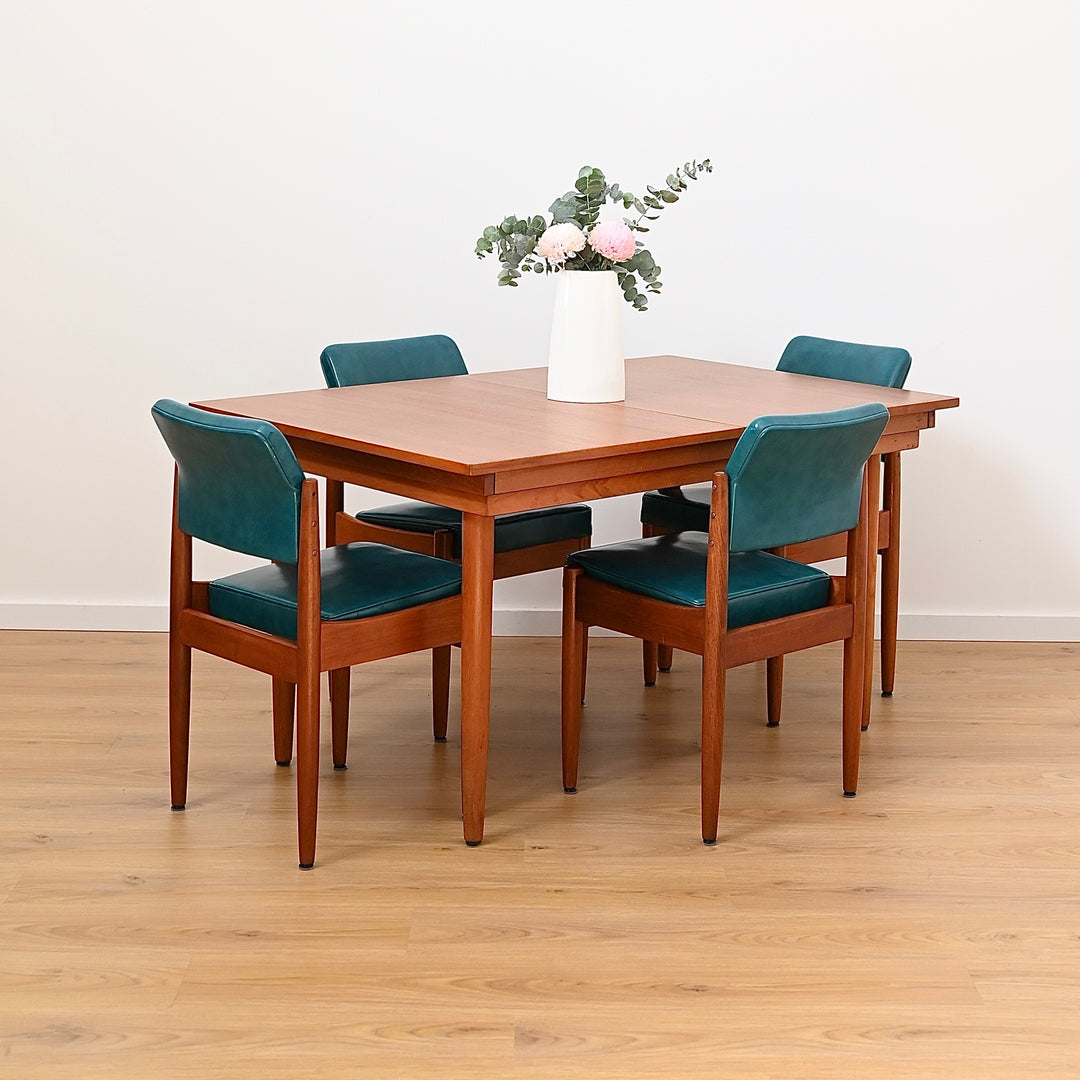 8x Mid Century Teak Teal Vinyl Dining Chairs by Chiswell