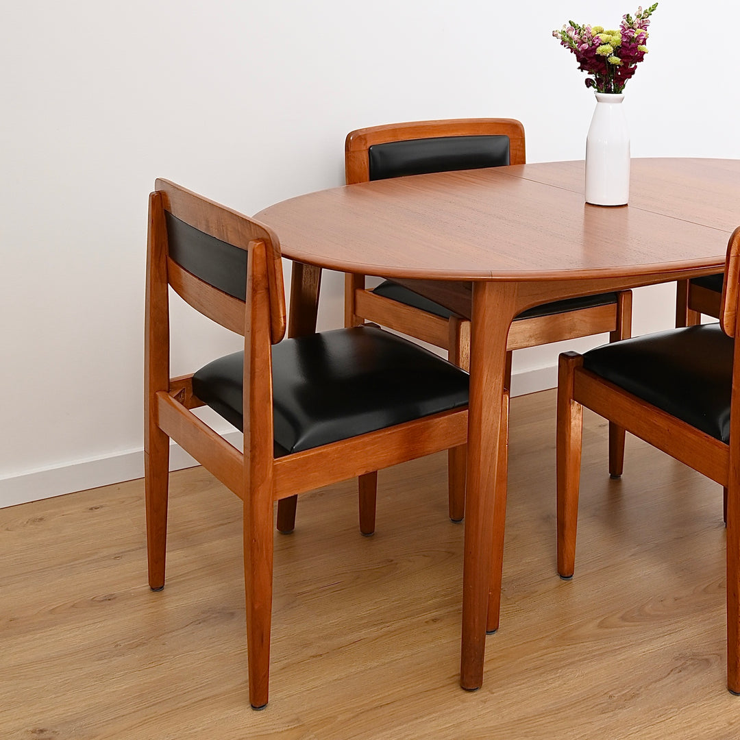 4x Mid Century Teak and Black Vinyl Dining Chairs by Wrightbilt