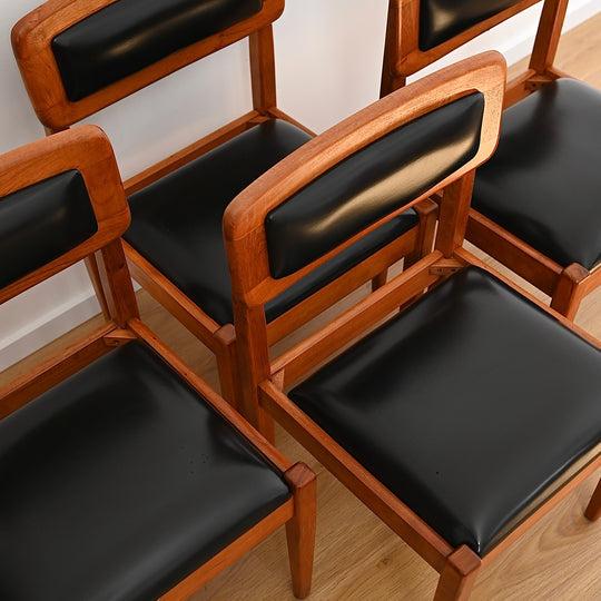 4x Mid Century Teak and Black Vinyl Dining Chairs by Wrightbilt