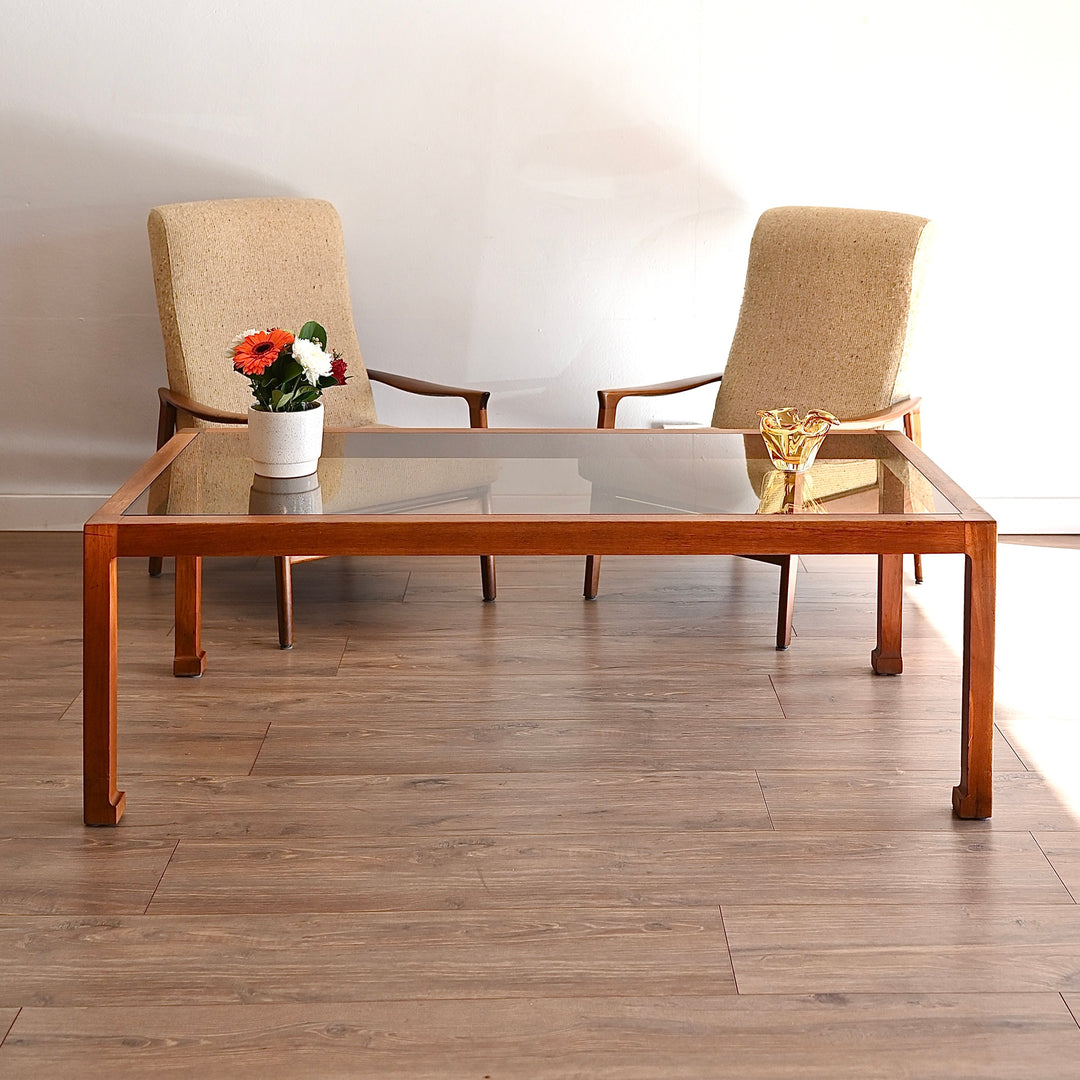 Mid Century Teak Smoked Glass Large Coffee Table by Chiswell