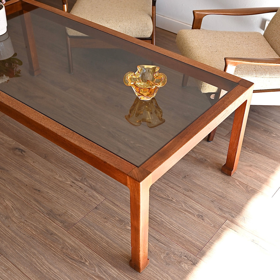 Mid Century Teak Smoked Glass Large Coffee Table by Chiswell