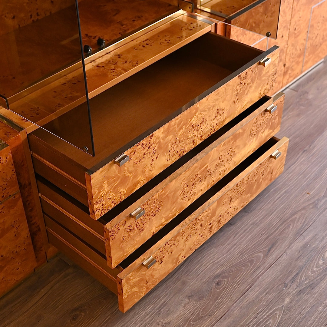 1970s Italian Burl Wood Modular Wall Unit