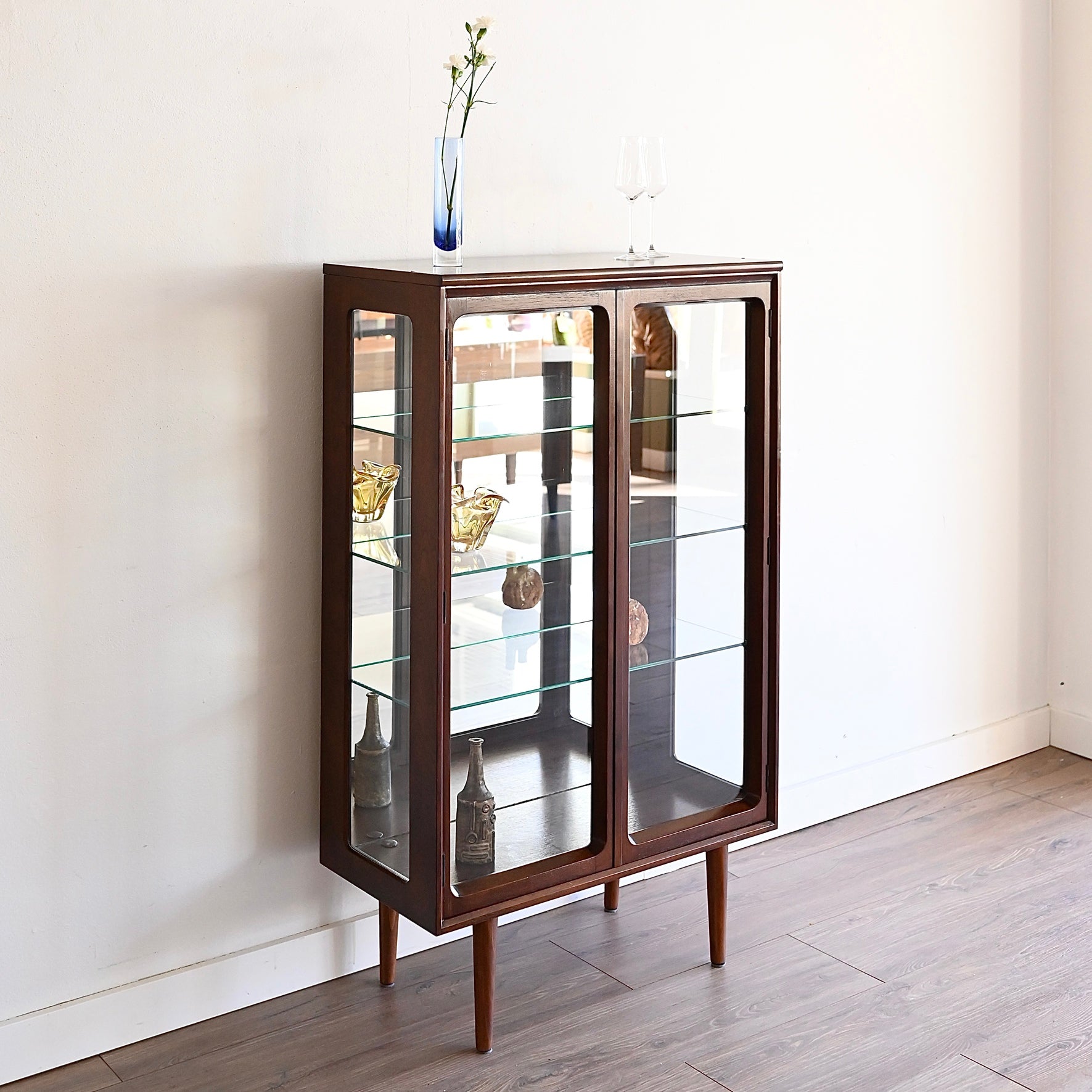 Mid Century Walnut Sideboard Display China Cabinet by Chiswell
