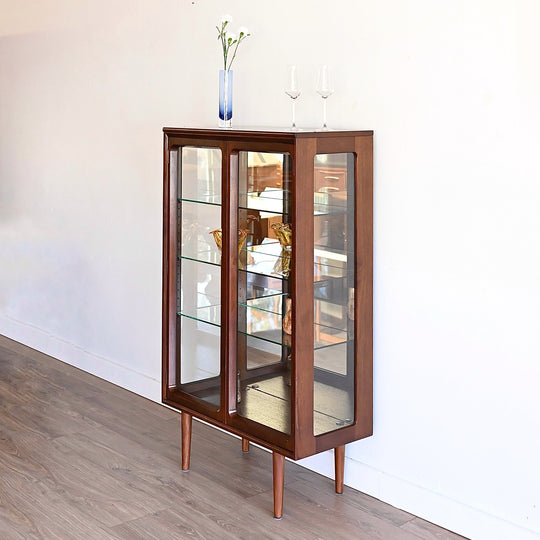 Mid Century Walnut Sideboard Display China Cabinet by Chiswell