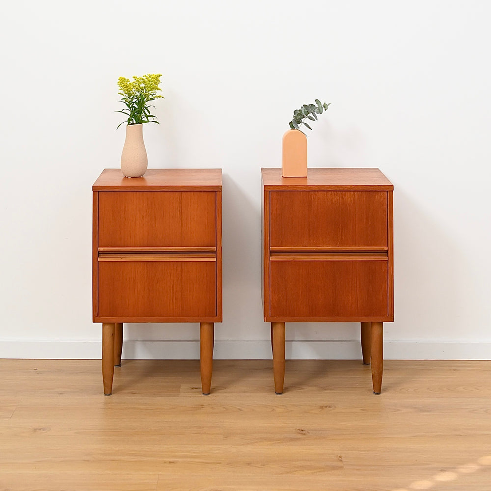 Pair Mid Century Teak Bedside Tables by Reliance Furniture