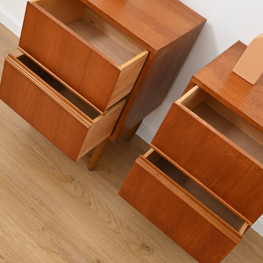 Pair Mid Century Teak Bedside Tables by Reliance Furniture