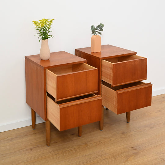 Pair Mid Century Teak Bedside Tables by Reliance Furniture