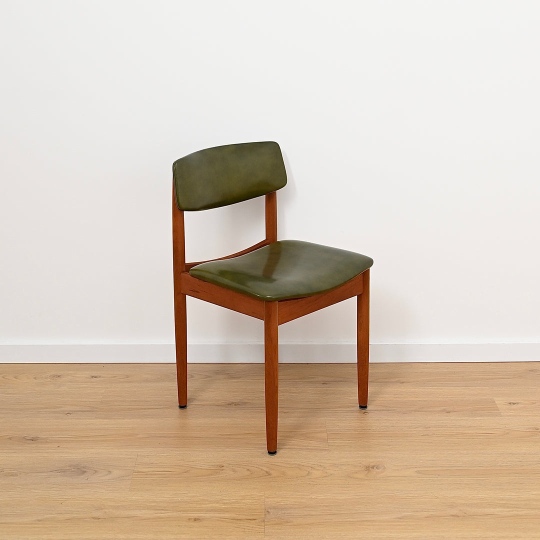 6x Mid Century Teak Green Vinyl Dining Chairs by Chiswell