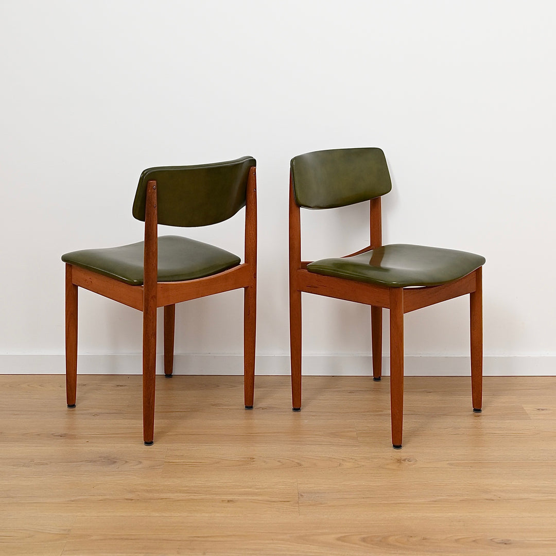 6x Mid Century Teak Green Vinyl Dining Chairs by Chiswell