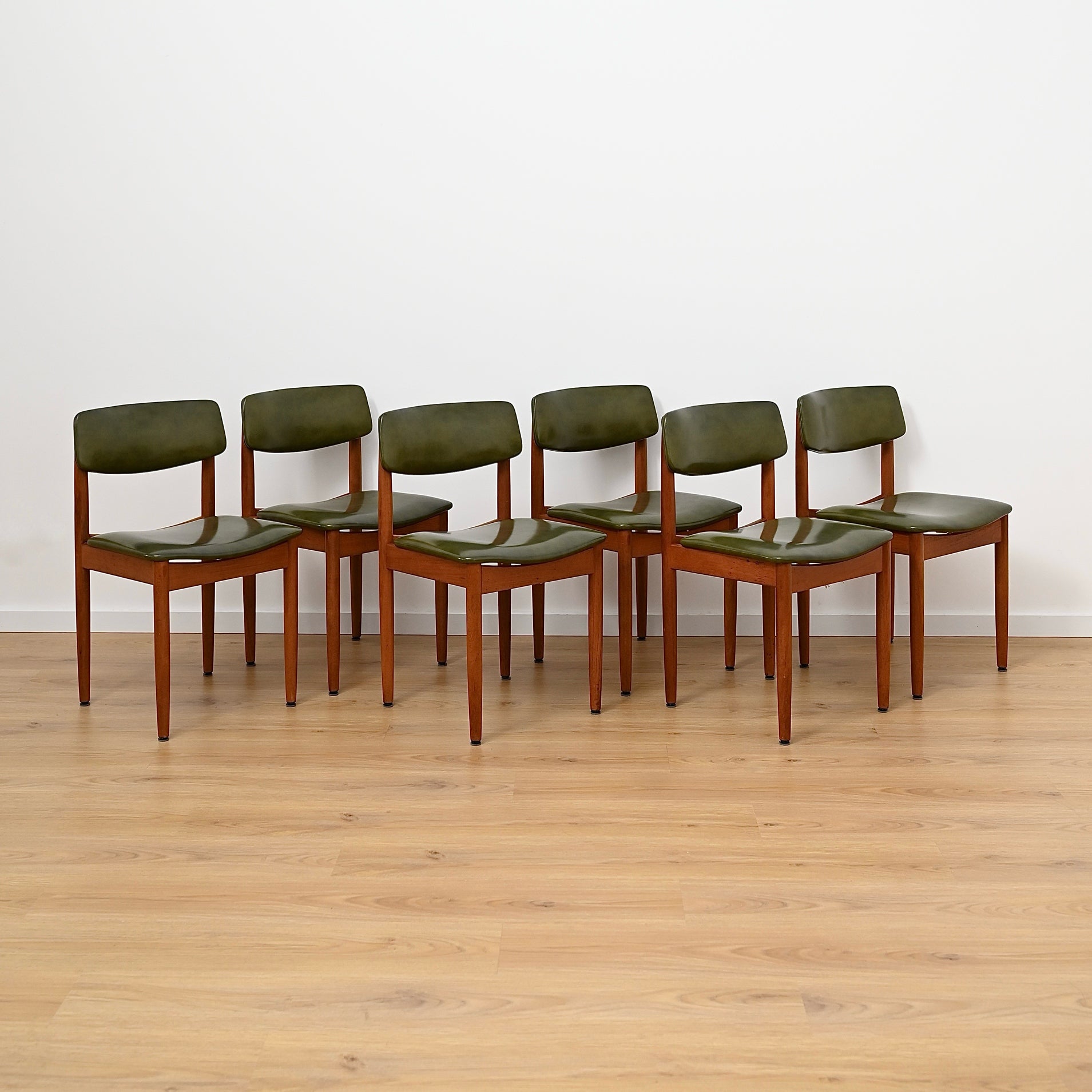 6x Mid Century Teak Green Vinyl Dining Chairs by Chiswell