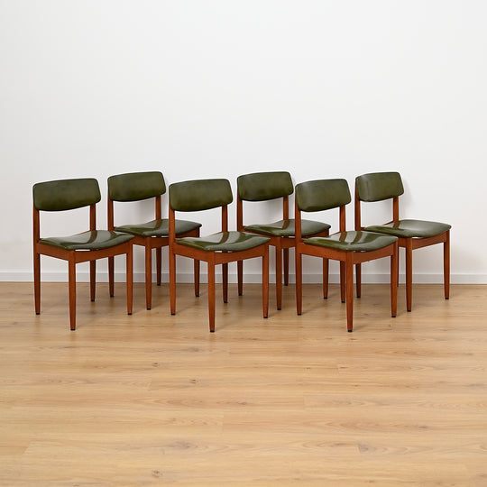 6x Mid Century Teak Green Vinyl Dining Chairs by Chiswell