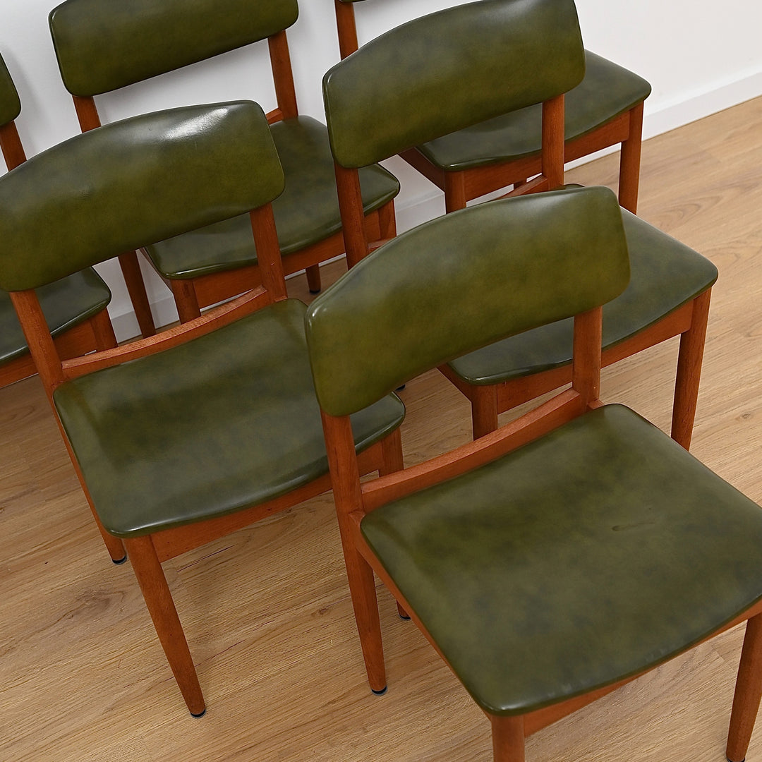 6x Mid Century Teak Green Vinyl Dining Chairs by Chiswell
