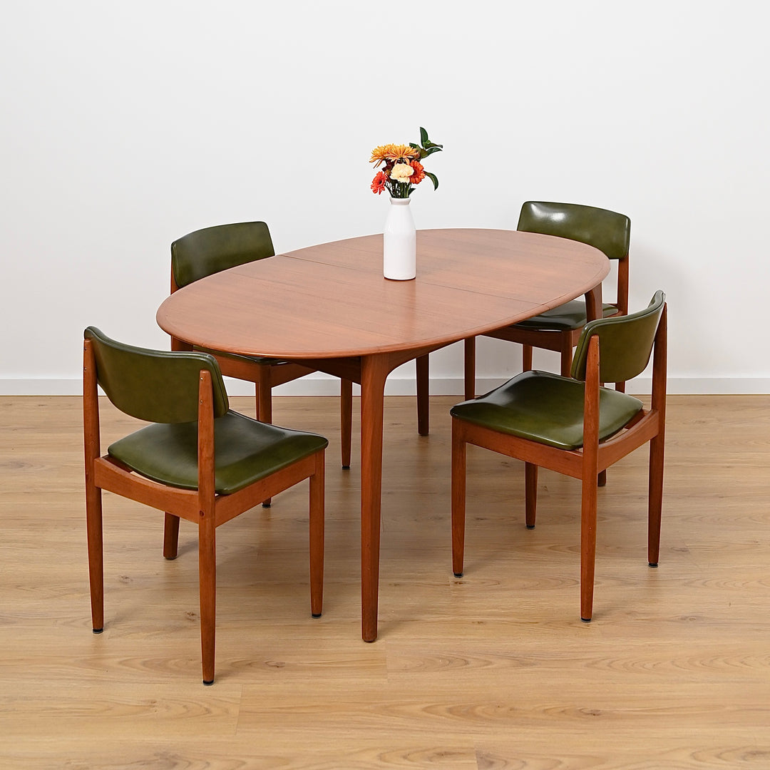 6x Mid Century Teak Green Vinyl Dining Chairs by Chiswell