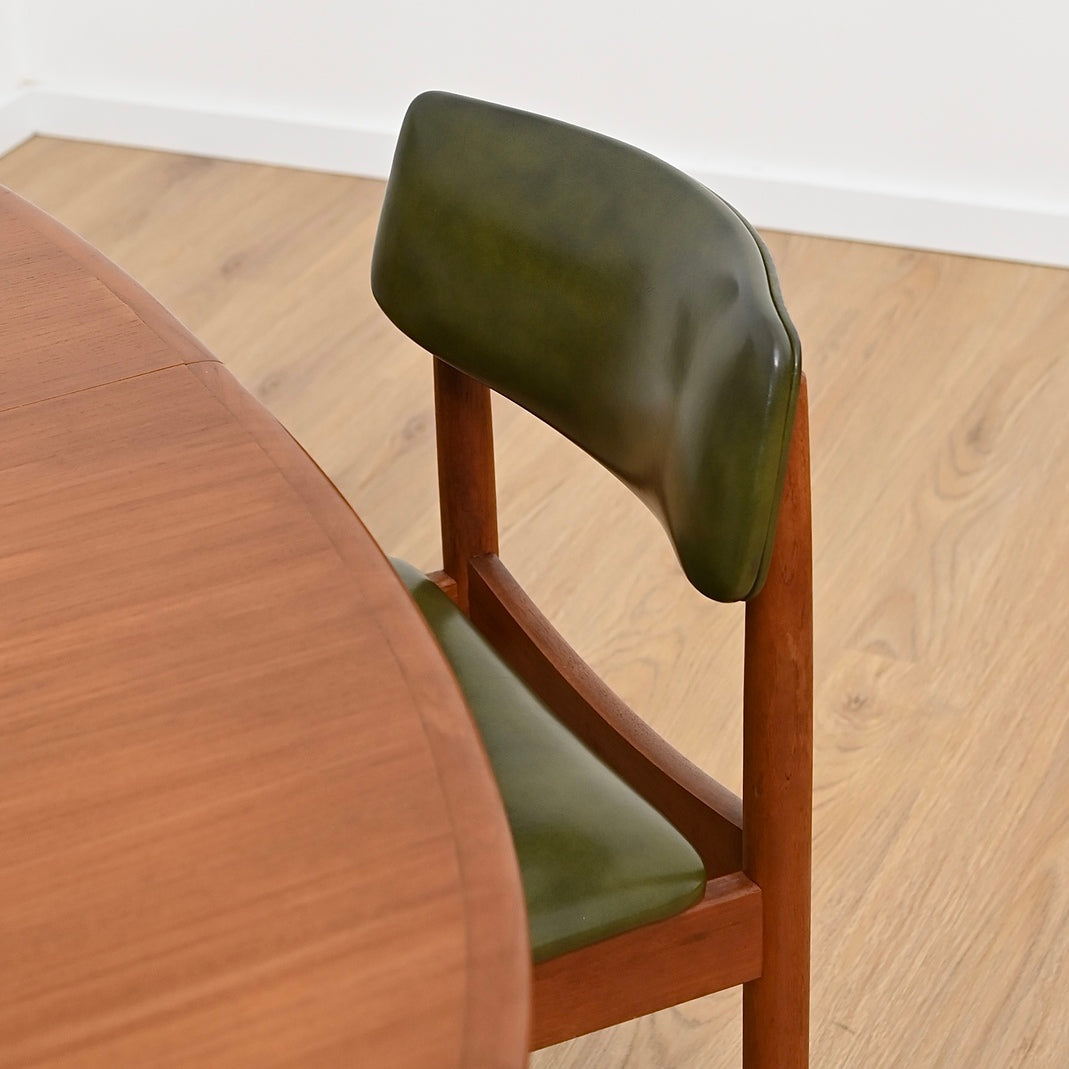 6x Mid Century Teak Green Vinyl Dining Chairs by Chiswell