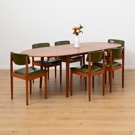 6x Mid Century Teak Green Vinyl Dining Chairs by Chiswell